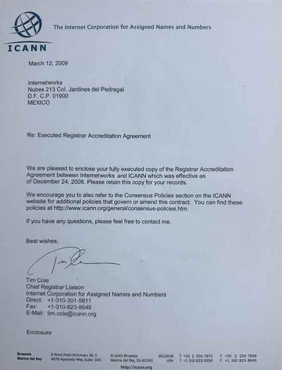 Carta oficial de ICANN a Internetworks sobre la acreditación como registrador